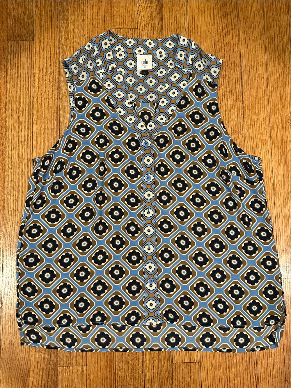 CAbi Sleeveless Geometric Floral Shell in Blue, Black and Tan